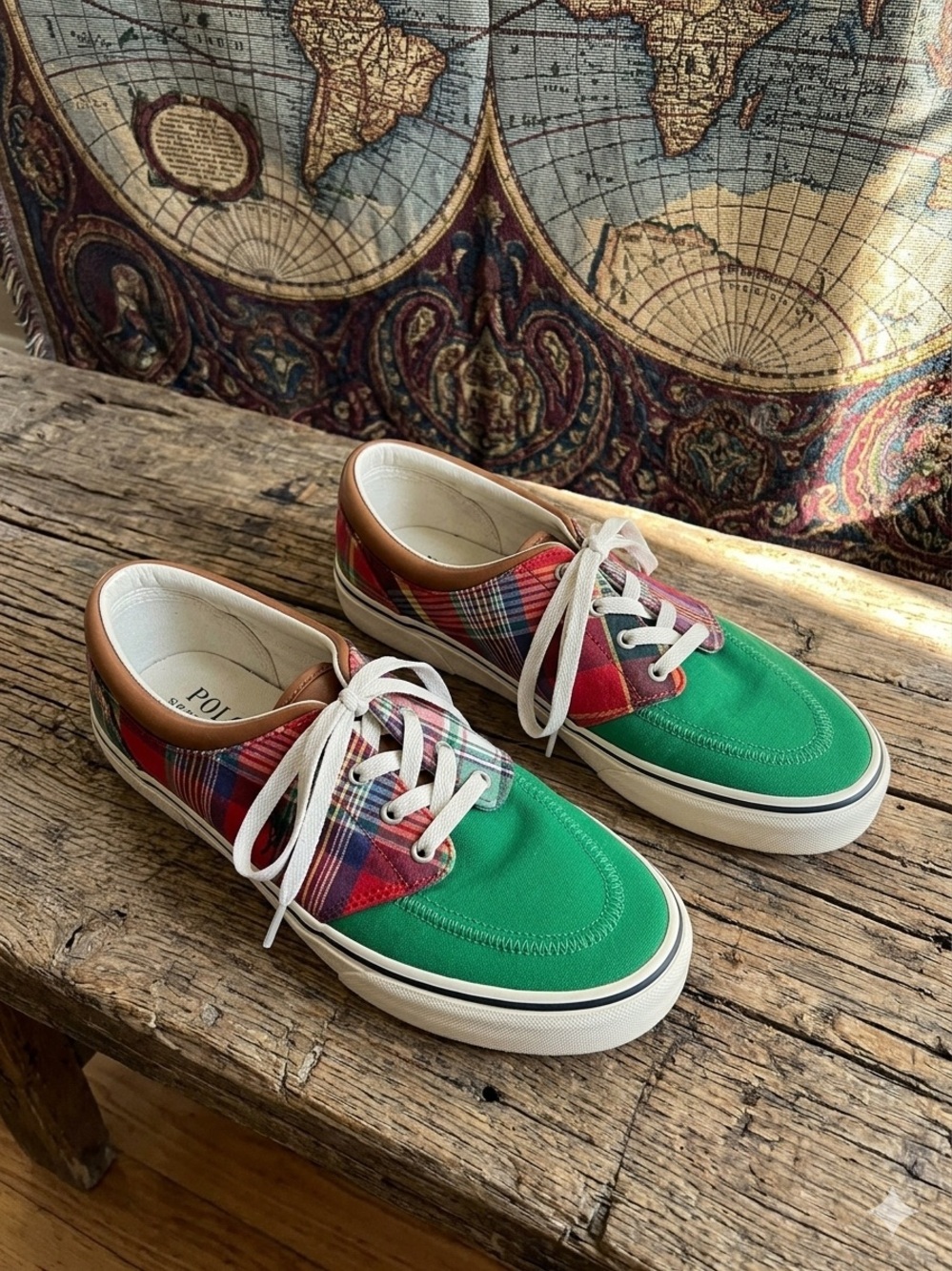 Polo by Ralph Lauren Green and Multicolor Plaid Canvas Low-Top Sneakers